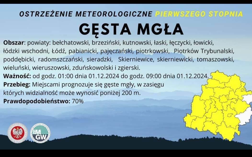 Ostrzeżenie meteorologiczne I stopnia GĘSTA MGŁA