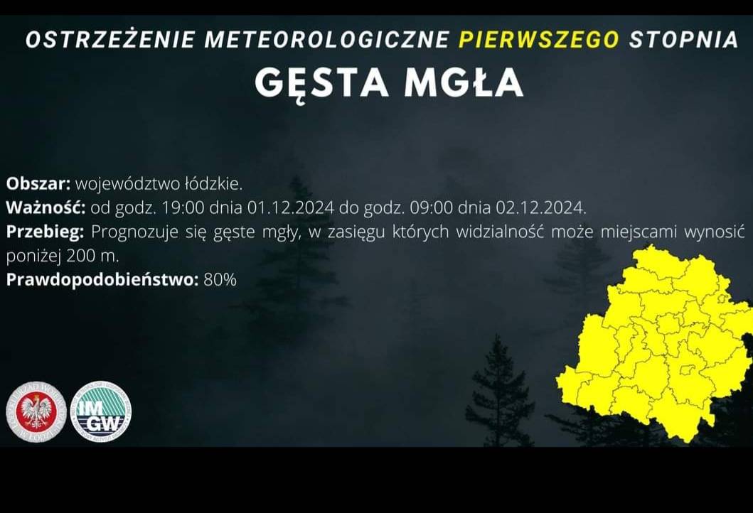 Ostrzeżenie meteorologiczne I stopnia GĘSTA MGŁA