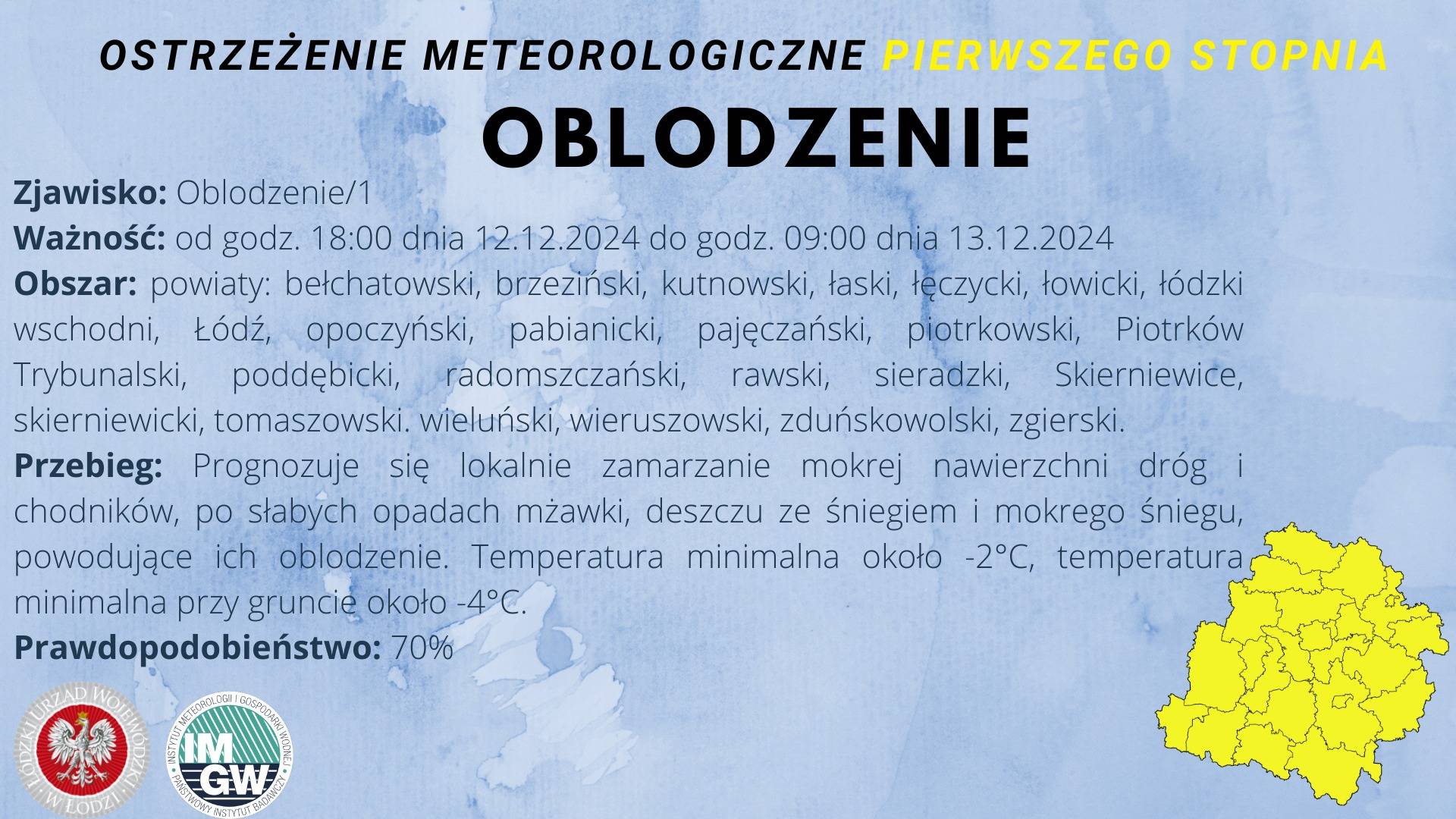 Ostrzeżenie meteorologiczne I stopnia OBLODZENIE