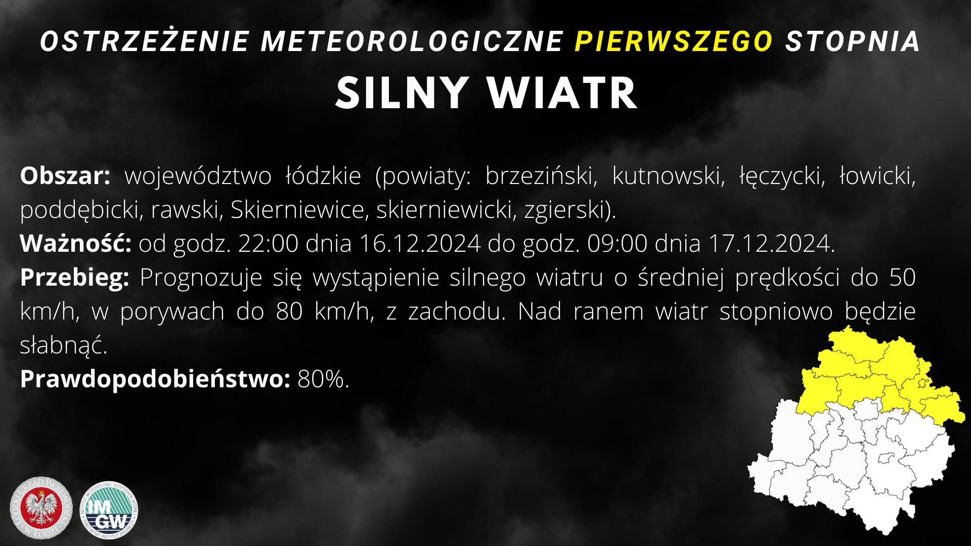 Ostrzeżenie meteorologiczne I stopnia SILNY WIATR