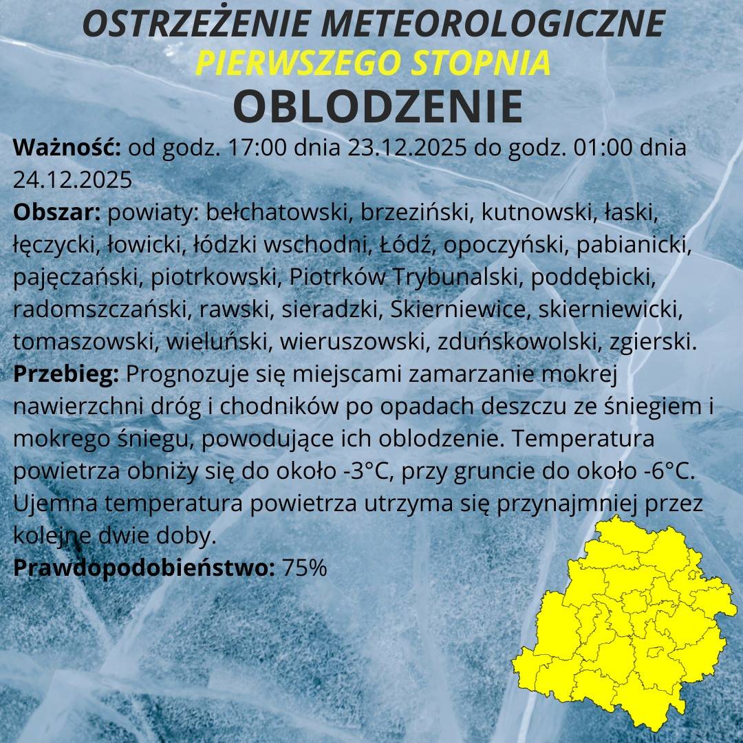 Ostrzeżenie meteorologiczne I stopnia OBLODZENIE