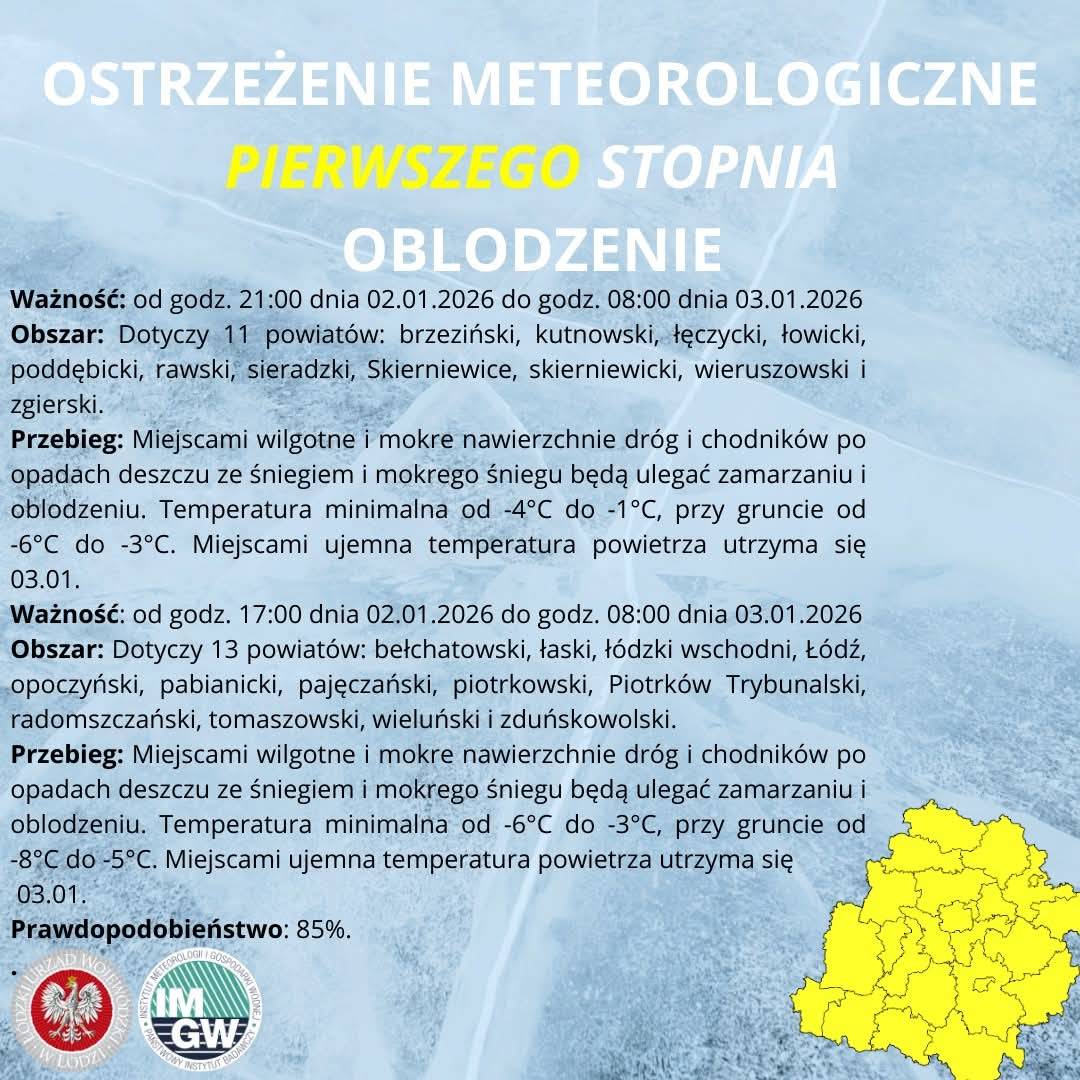 Ostrzeżenie meteorologiczne I stopnia OBLODZENIE