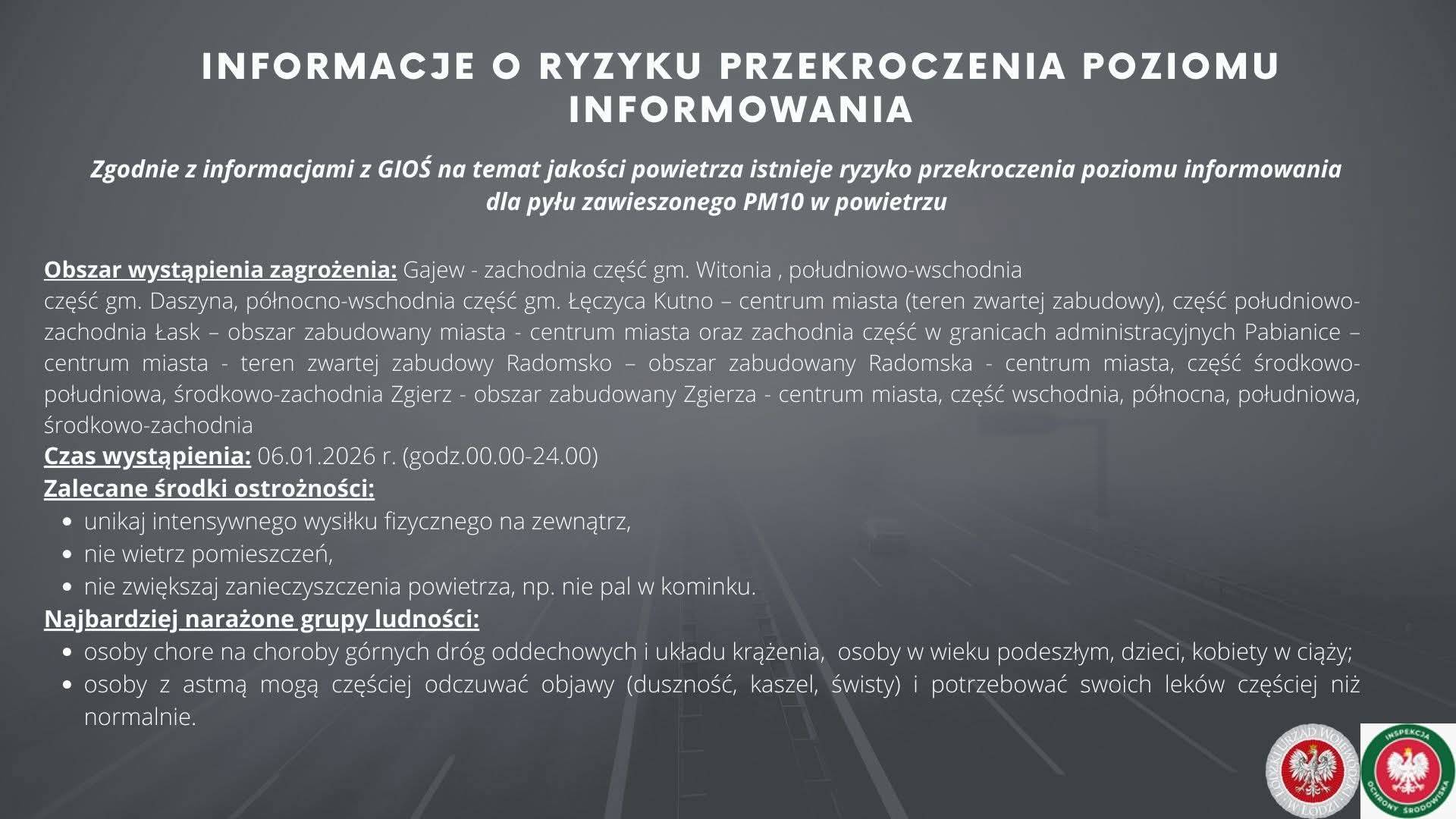UWAGA! ‼️ Powiadomienie o ryzyku wystąpienia przekroczenia poziomu informowania dla pyłu zawieszonego PM10 w powietrzu w powiecie łęczyckim