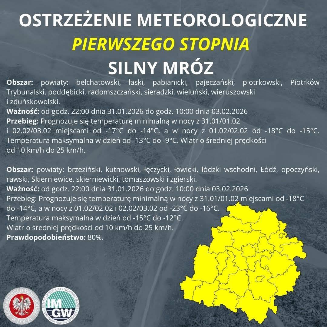 Ostrzeżenie meteorologiczne I stopnia SILNY MRÓZ