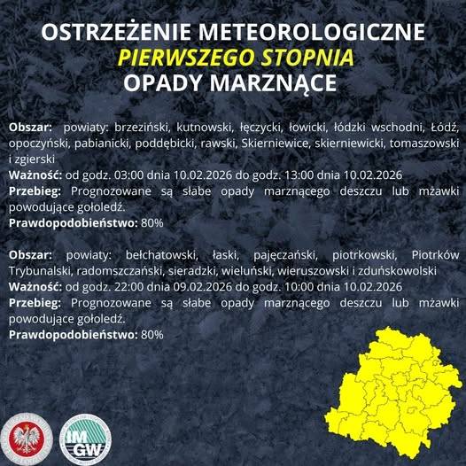 Ostrzeżenie meteorologiczne I stopnia OPADY MARZNĄCE
