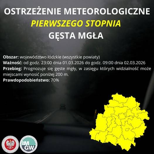 Ostrzeżenie meteorologiczne I stopnia GĘSTA MGŁA