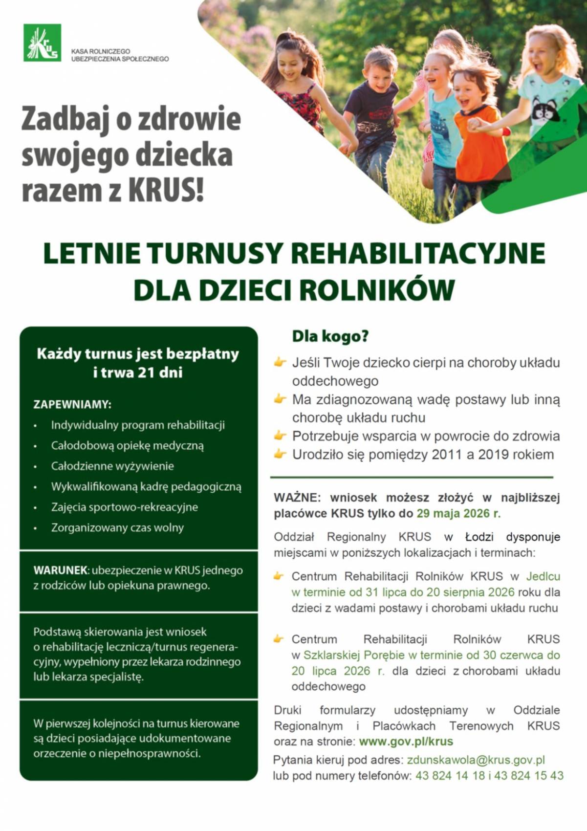 Bezpłatne turnusy rehabilitacyjne KRUS dla dzieci rolników – wnioski można składać tylko do 29 maja 2026 r.