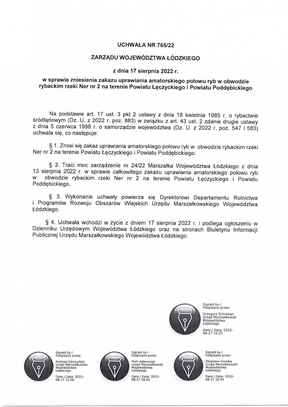 Uchwała Marszałka Województwa Łódzkiego dot. zniesienia zakazu połowu ryb w Nerze