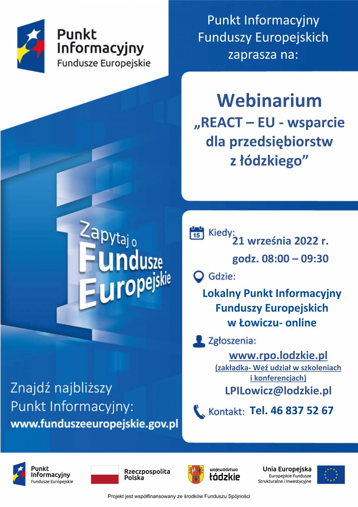 Punkt Informacyjny Funduszy Europejskich w Łowiczu zaprasza na bezpłatne spotkanie informacyjne