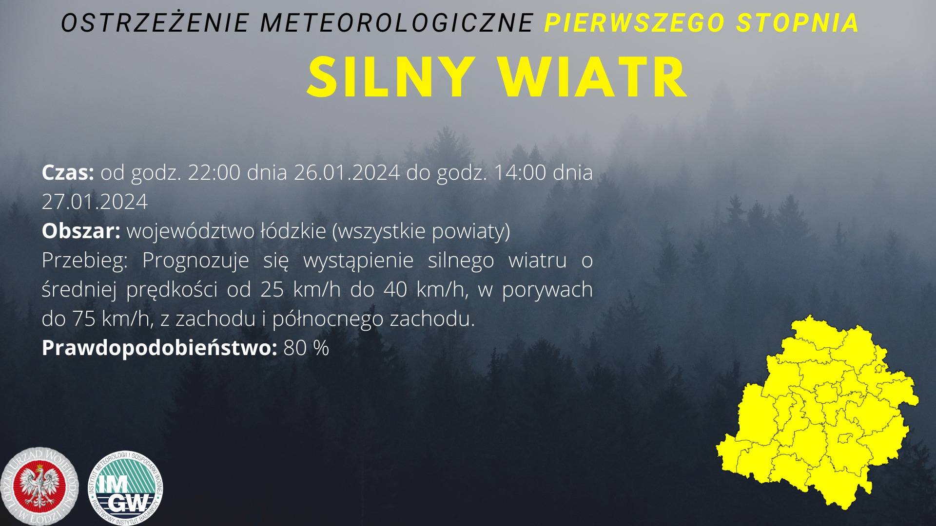 Ostrzeżenie meteorologiczne I stopnia SILNY WIATR