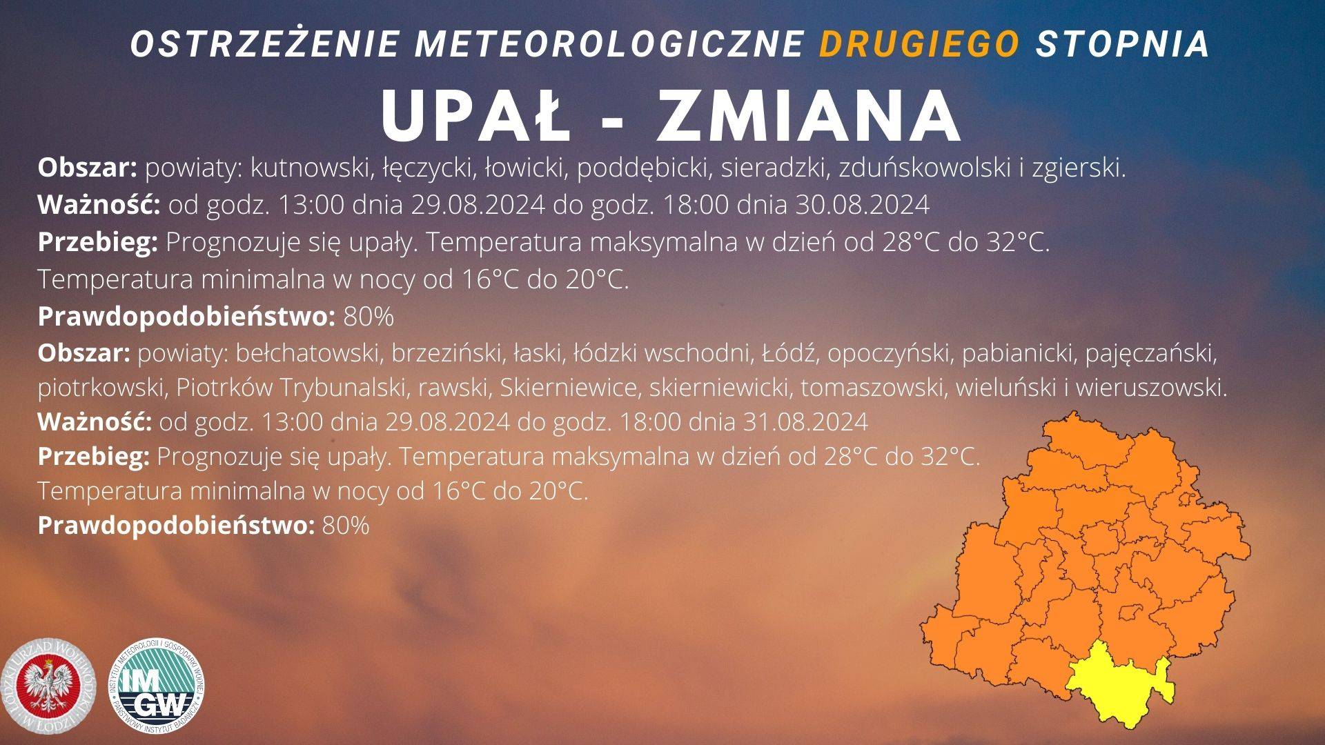 Zmiana ostrzeżenia meteorologiczne II stopnia UPAŁ