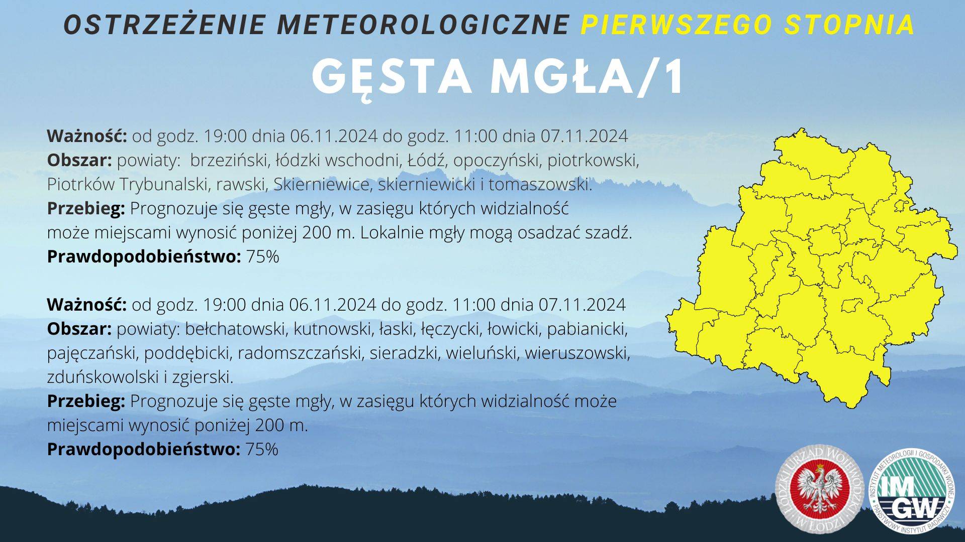 Ostrzeżenie meteorologiczne I stopnia GĘSTA MGŁA