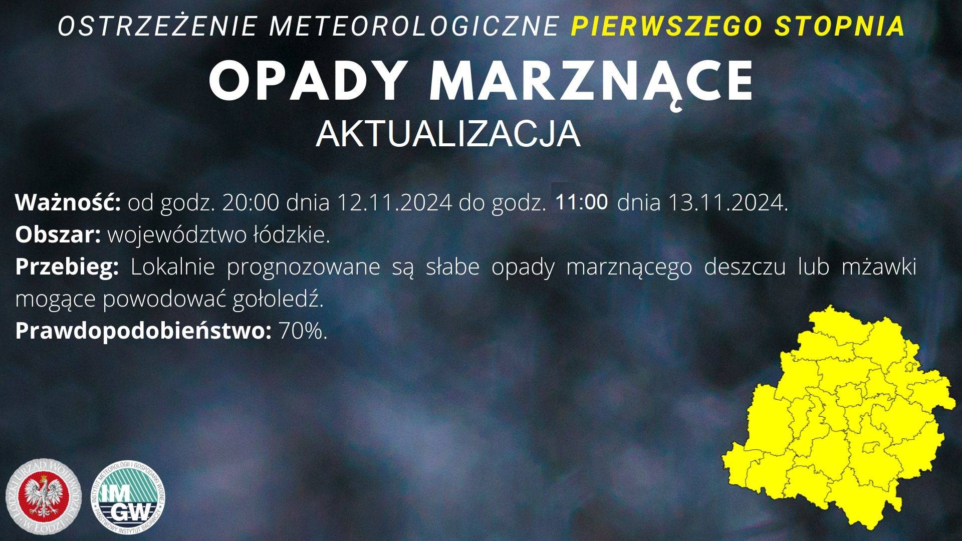 Ostrzeżenie meteorologiczne I stopnia OPADY MARZNĄCE