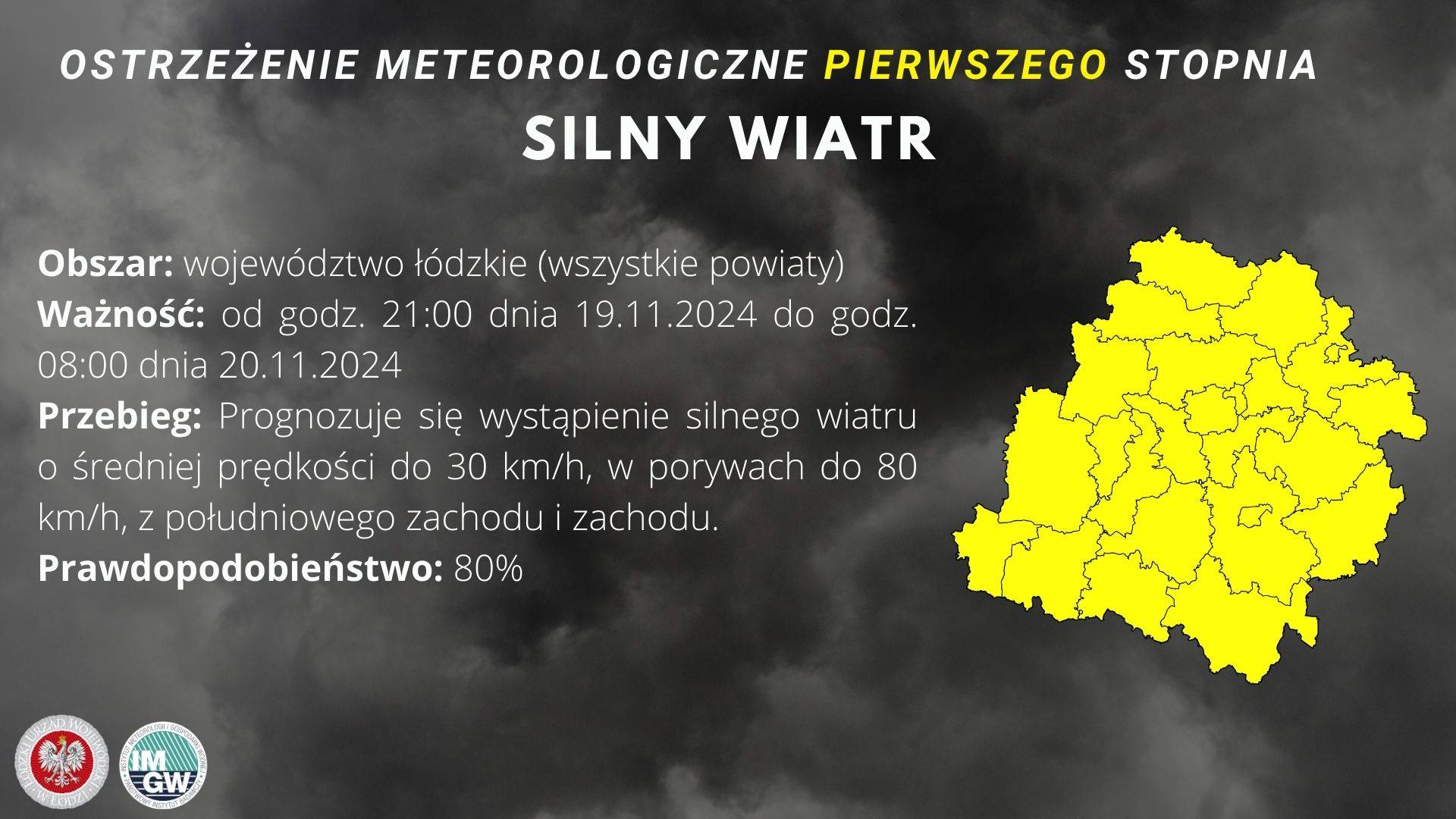 Ostrzeżenie meteorologiczne I stopnia SILNY WIATR